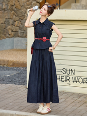 时尚牛仔套装连衣裙女2025夏季新款气质收腰无袖衬衫半身裙两件套，女装套装/套裙，布芭啦