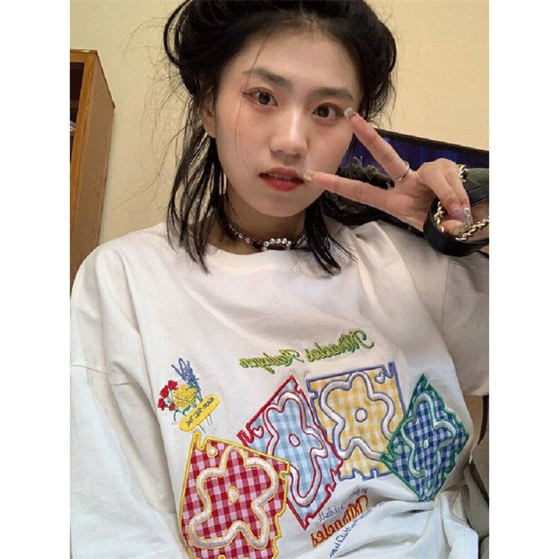 H0645-P35贴布刺绣学院风宽松甜美可爱短袖T恤上衣图片