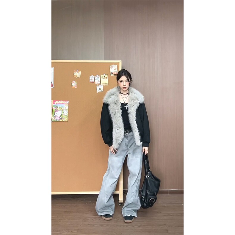 现货重磅硬挺boxy羽绒棉衣座山雕大毛毛领洗水麂皮棉服冬外套,男装棉衣,电商A486