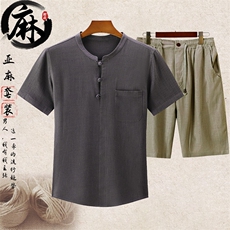 主推款大货新款夏男款中老年风亚麻套装短袖T恤棉麻短裤套装，男装牛仔裤，钱塘723
