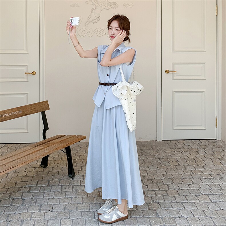 法式气质收腰显瘦套装女2025年夏季新款无袖衬衫高腰半身裙两件套,女装套装/套裙,2D078