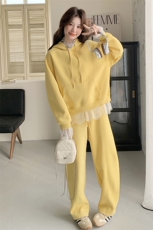 奶黄色设计感卫衣套装春季女2025新款高腰蕾丝拼接阔腿长裤两件套，女装套装/套裙，2C133
