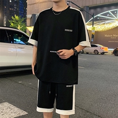 特批P37无差价夏季菠萝格拼接字母刺绣设计感小众短袖短裤男TZ301，男装休闲套装，电商A001-1