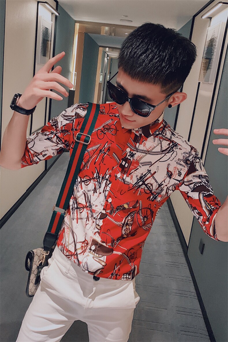 312A-241-P55新款社会小伙中袖衬衫韩版潮流男士五分袖衬衣C,男装T恤,星座312A-5