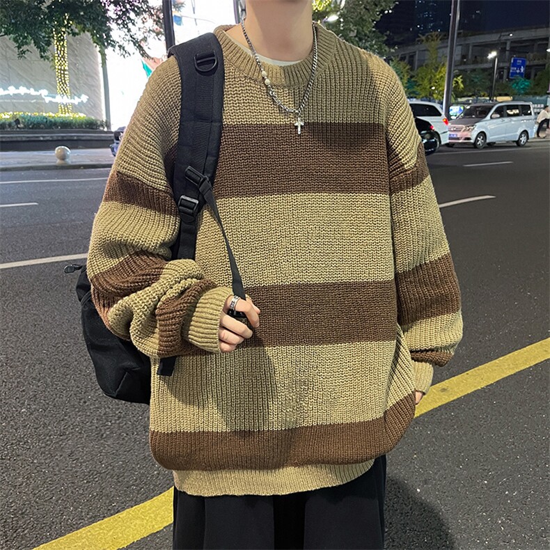 B193-P43日系复古慵懒宽松针织衫秋冬新款潮牌条纹圆领毛衣男,男装针织衫/毛衣,星座512-6