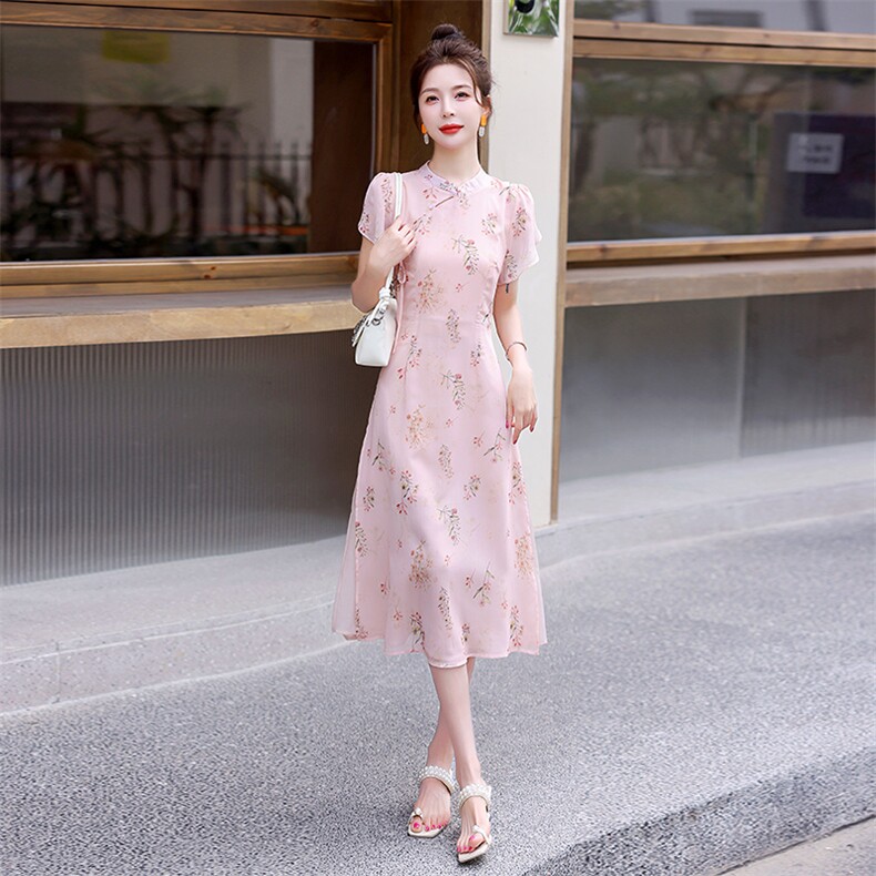 现货2024夏季新款气质修身改良旗袍中式连衣裙,女装连衣裙,盈茜