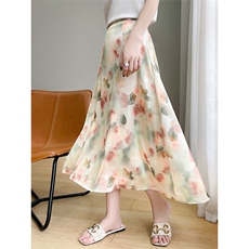 重磅真丝缎面半身裙女夏季法式印花醋酸气质高腰桑蚕丝a字中长裙，女装半身裙，圣丽羊绒