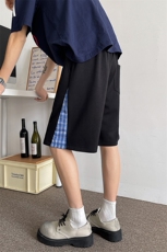 D206-18XL-M复古拼接短裤男宽松格子裤刺绣五分裤高级感DK1541，男装牛仔裤，电商D206-1
