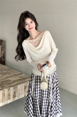 2026春季新款温柔风荡领蕾丝拼接针织衫+不规则格纹半身裙两件套，女装套装/套裙，艾米莉亚