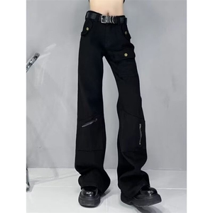 美式复古黑色多口袋牛仔工装微喇裤女高腰显瘦阔腿裤 LK396 P40图片