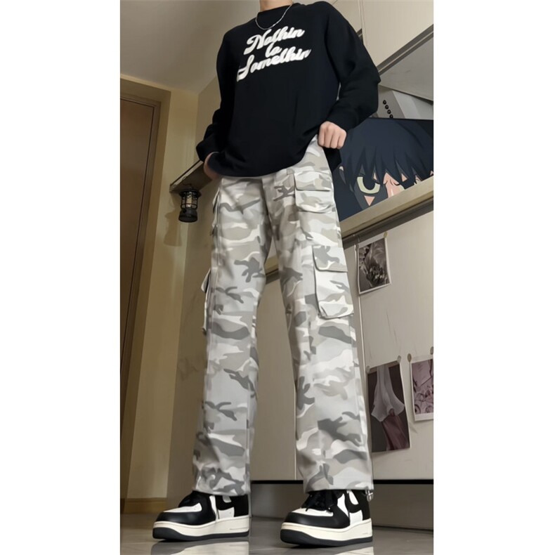 韩水洗做旧口袋阔腿宽松休闲伞兵裤迷彩口袋工装裤FK03P45,男装工装外套,电商D256