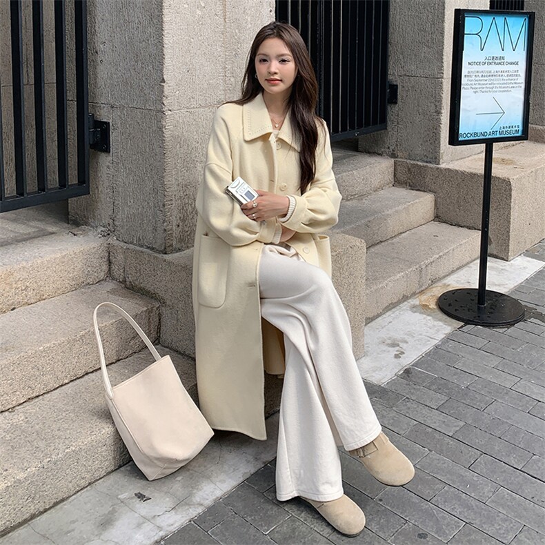 高级感双面羊毛呢子大衣女钉珠红色小香风休闲中长款韩系毛呢外套,女装双面呢大衣,丝露怡语