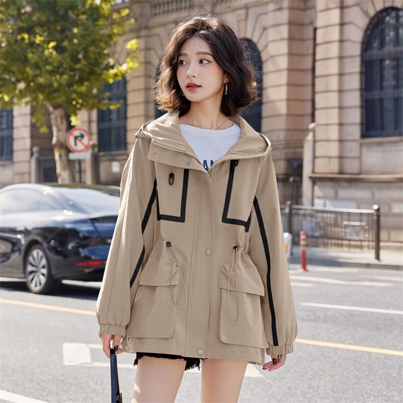 粉色休闲连帽工装外套女秋2024新款韩系设计感宽松洋气减龄冲锋衣,女装风衣,靓星雨