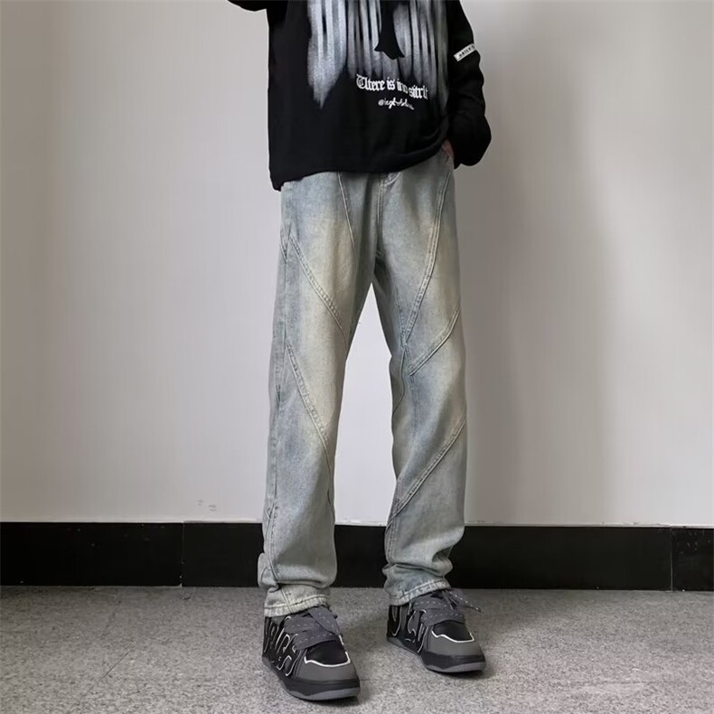 美式牛仔裤男春秋新款休闲拼接牛仔直筒裤NK402P43,男装牛仔裤,星座1116-2