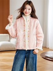 在仓~2025年冬季水貂毛刺绣夹棉盘扣新中式时尚潮流单排扣棉服，女装棉衣/棉服，新依时派