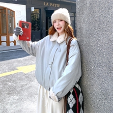 蓝色韩系羊羔毛翻领外套女2025冬季小个子减龄保暖撞色拼接棉服，女装棉衣/棉服，2C031