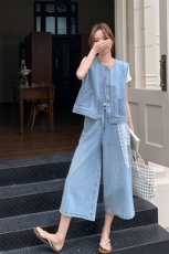 时尚牛仔马甲套装女2025夏季新款超好看短袖T恤宽松阔腿裤三件套，女装套装/套裙，2C236