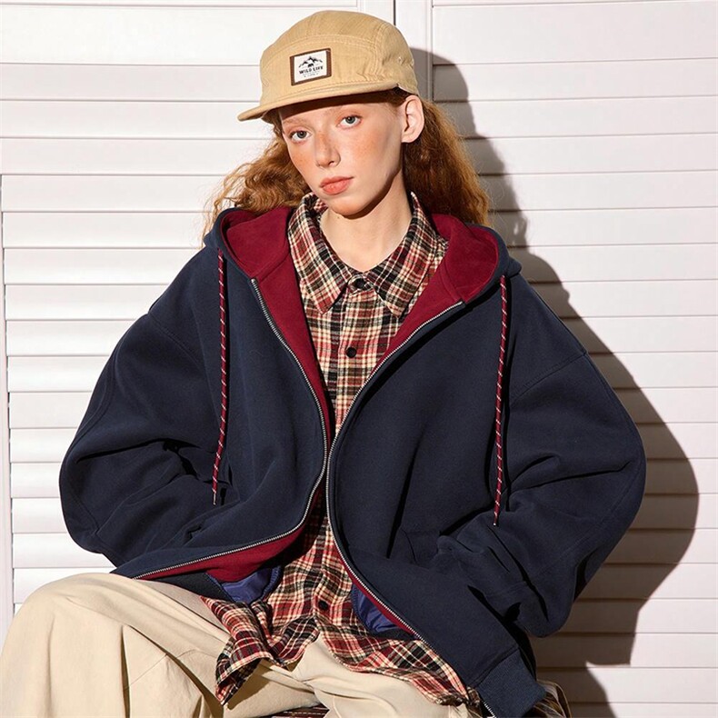 抖音得物二开美式高街重磅结构双层撞色连帽卫衣开衫外套W116，男装卫衣，电商A486