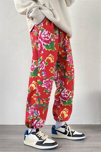 K203东北大花休闲加绒束脚九分裤大码风牡丹民族特色大花裤子图片