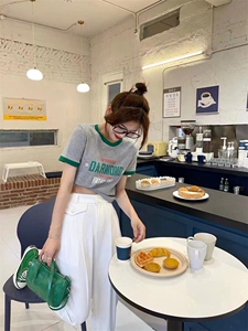 夏季新款 复古印花短T 棉麻条纹T图片