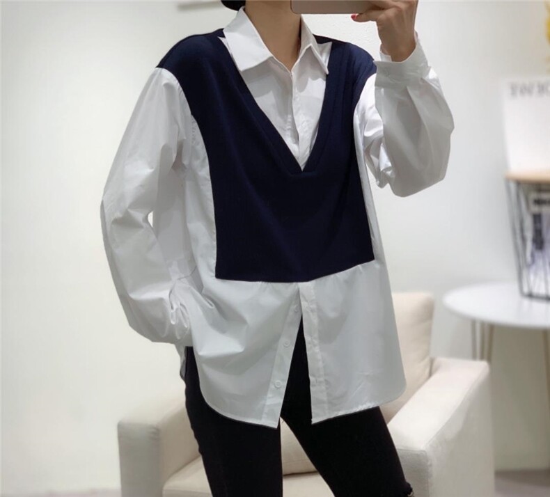 秋季新款韩版新款拼色百搭打底衫衬衫，女装衬衫，久久索衣缘