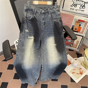 美式复古廓形破洞牛仔裤男潮NQ32P55,白色中长大衣搭配图片女图片