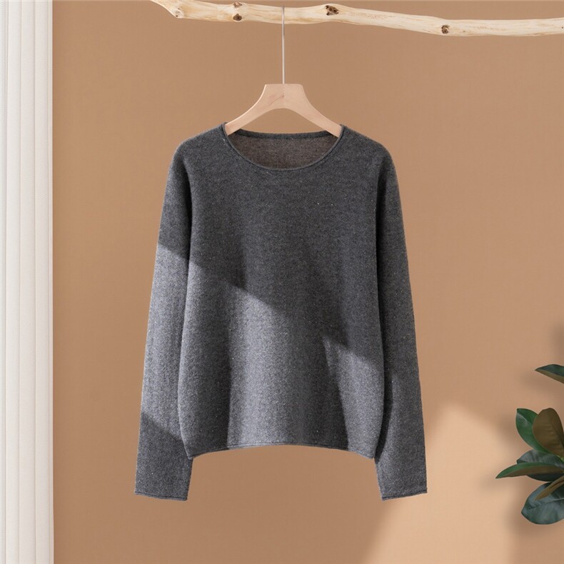 2025年秋季时尚百搭通勤简约休闲圆领卷边套头衫，女装羊绒衫，启东羊绒