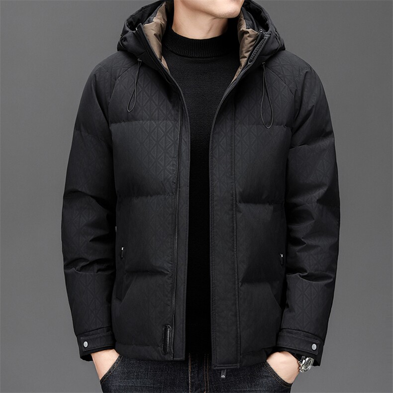 冬季白鸭绒加厚羽绒服短款暗纹压花休闲保暖防寒面包服外套面男装图片