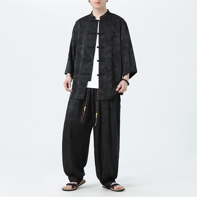 新中式时尚套装男七分袖衬衫2025夏季新款风休闲裤TZ100-P110,男装休闲套装,电商A008