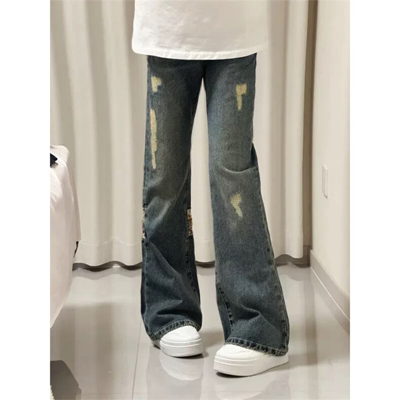 网图有货半松紧磨破民族风腰果花拼接微喇牛仔裤男女A587-P58,男装牛仔裤,星座1505