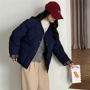 W606-P75 2025韩系圆领棉衣外套女冬季复古格子拼接小个子棉服图片