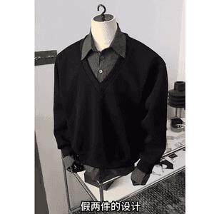 E03-P522025日系假两件衬衫卫衣情侣学生复古休闲拼接条纹polo衫,男装Polo衫,电商B323A