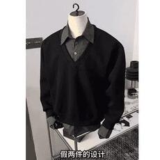E03-P522025日系假两件衬衫卫衣情侣学生复古休闲拼接条纹polo衫，男装Polo衫，电商B323A