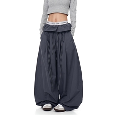 BLACKLISTS美式复古荷叶边拼接抽绳弯刀休闲裤女设计感宽松阔腿裤，男装休闲裤，星座813-2