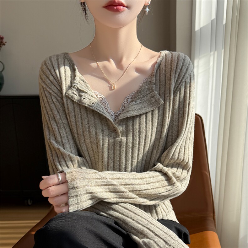 2025年秋季时尚百搭通勤简约休闲假两件蕾丝针织打底衫，女装针织衫/毛衣，羊特美羊绒