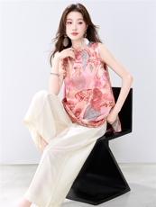 夏季新款现货！2026新中式洋气撞色印花上衣+宽松阔腿裤两件套装，女装套装/套裙，央宝儿