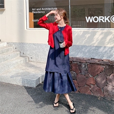 牛仔收腰无袖背心连衣裙女夏韩系显瘦气质长裙穿搭针织衫，女装连衣裙，2C233