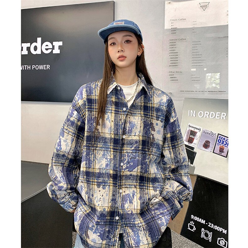 港风衬衫长袖耐磨扎染格子衬衫休闲百搭MD-H516-特批40控69,男装衬衫,星座717