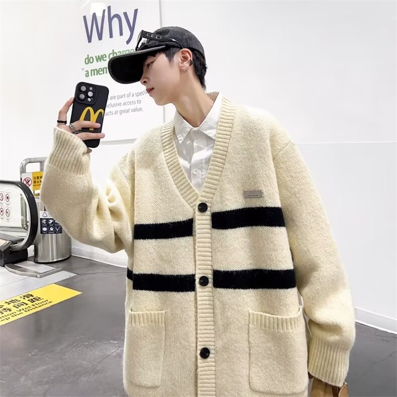 美式潮牌学院风针织开衫男2024秋季新款撞色V领MZ018-P55,男装卫衣,星座1109-3