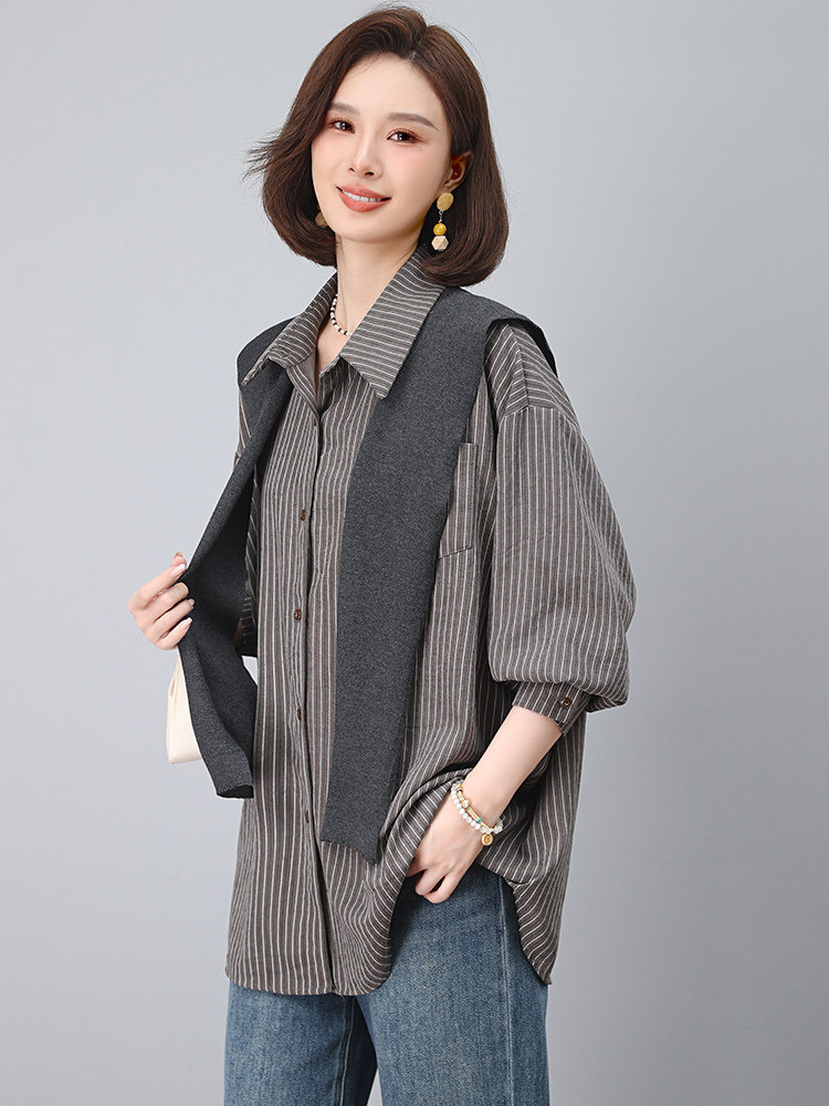 带披肩纯棉条纹小衫女夏季韩版休闲宽松年轻款妈妈薄款衬衫上衣潮,女装套装/套裙,江忆布依