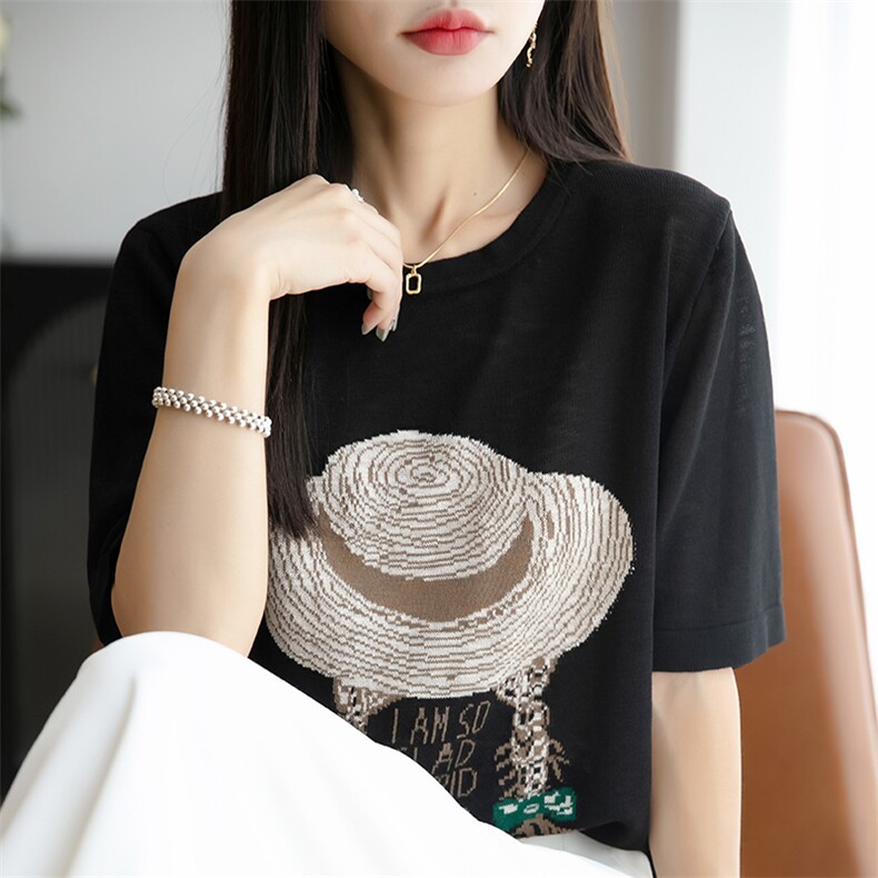2025年夏季新款竹节麻短袖女T恤衫圆领撞色草帽女孩薄款内搭体恤,女装T恤,佳绒包芯纱店