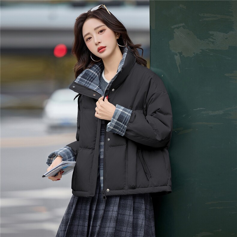 bao款现货2025冬装新款简约时尚格纹拼接立领羽绒服小个子外套,女装羽绒服,难舍钰依