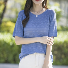 2025新款针织短袖T恤女夏季妈妈装洋气大码圆领宽松遮肚针织上衣，女装T恤，萱芳婷羊绒