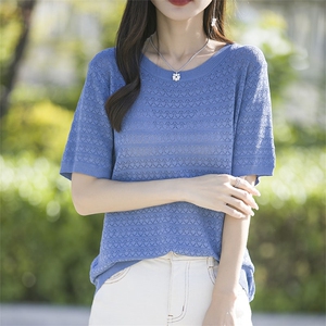 2025新款针织短袖T恤女夏季妈妈装洋气大码圆领宽松遮肚针织上衣图片