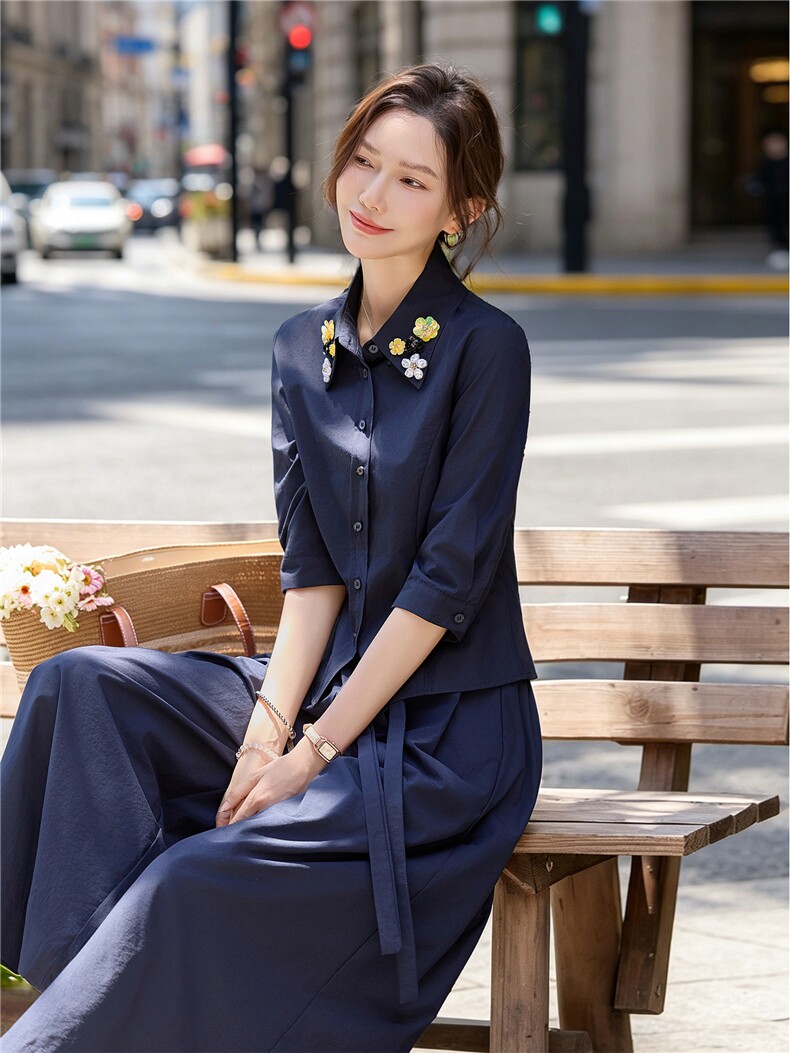 巨好看大方得体裙裤套装女2026夏新款时尚减龄装饰花职场风两件套,女装套装/套裙,水衣源