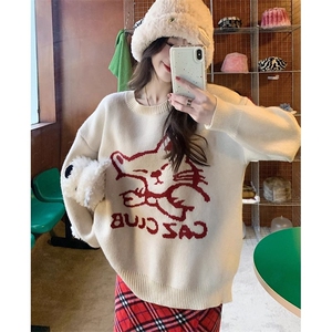 MM163-P68猫咪慵懒风圆领毛衣女新款打底针织衫超火上衣设计感