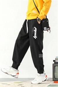 2021冬季日系报纸白墙大码男字母印花加绒加厚休闲卫裤K20671-P50图片