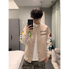 杏色毛呢拼接皮衣外套休闲彩虹碎花刺绣棒球服JK295特P50，男装皮衣，星座908-1