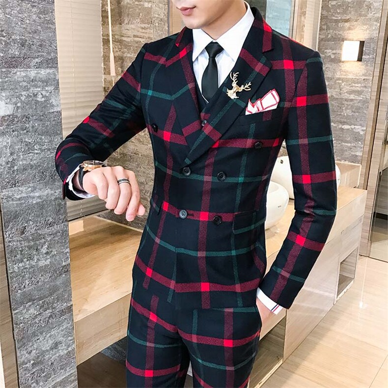 发型师潮男西装三件套韩版修身双排扣格子西服套装A470-TZ06A-270图片
