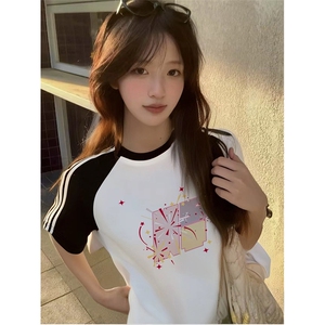 抖音得物品质二开240克宽松纯棉美式潮牌插肩三杠织带短袖T恤